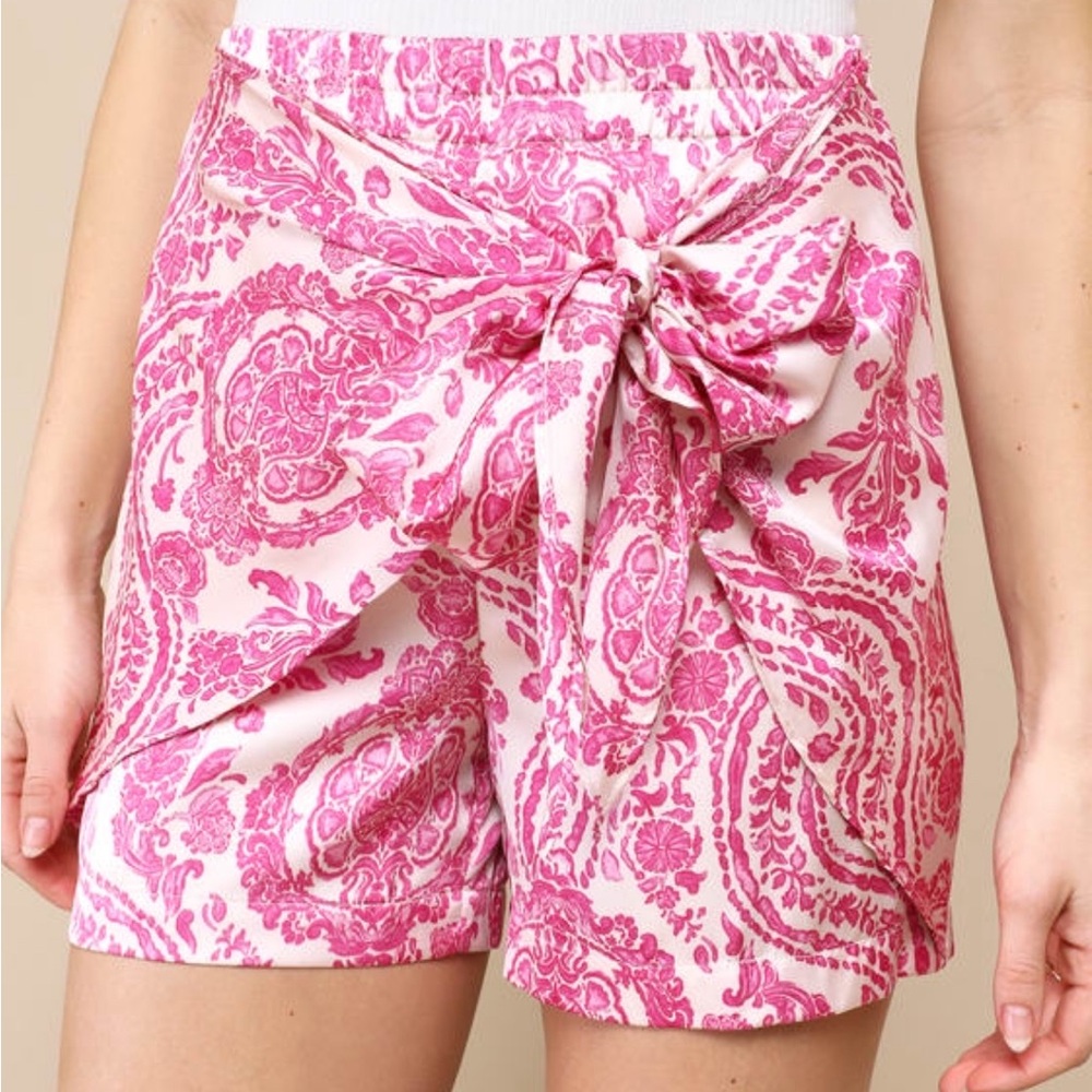 Lulus Vibrant Sun Ivory & Magenta Boho Print Satin Tie Front Shorts